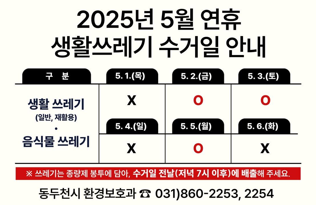 ? 5월 연휴 기간 생활쓰레기 수거일 안내  시민 여러분, 5월 황금연휴 동안 생활쓰레기 및 음식물쓰레기 수거 일정이 달라집니다!  ?️ 수거 일정 - 5월 1일(목) ❌ - 5월 2일(금) ⭕ - 5월 3일(토) ⭕ - 5월 4일(일) ❌ - 5월 5일(월) ⭕ - 5월 6일(화) ❌  수거일 전날 오후 7시~당일 새벽 6시까지 배출하여 주시기 바랍니다.  수거 없는 날에는 쓰레기 배출을 삼가주세요. 깨끗한 우리 동두천을 위해 시민 여러분의 협조 부탁드립니다! ? . . . #동두천시 #생활쓰레기안내 #5월연휴 #쓰레기수거일정 #시민안내 #동두천청소 #깨끗한동두천 #분리배출 #환경보호 #클린시티 #동두천소식 #쓰레기수거공지 #휴일안내 #5월5일어린이날 #연휴안내