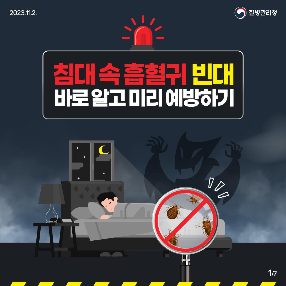 침대 속 흡혈귀 빈대
바로 알고 미리 예방합시다!

✅빈대란?
주로 침대 등에서 서식, 야간에 수면 중인 사람을 흡혈

✅물리면?
✔가려움증을 유발하여 2차 피부감염 발생 가능
✔고열 및 염증반응이 일어날 수 있음
✔주로 야간에 흡혈하는 습성으로 수면 방해
✔물렸다면 물과 비누로 씻고 증상에 따라 의사 또는 약사와 상의

✅발견방법
흡혈할 때만 잠시 나타나고 흡혈 후 어두운 곳에 숨음

✅방제방법
✔빈대를 확인한 후 실시
✔다가구, 숙박업소 등 오염 장소 주변에서 동시 방제 진행

✅예방하려면
✔숙박업소 방문 즉시 빈대가 숨어 있는 공간 확인
✔방바닥 또는 침대에 짐 보관 지양
여행용품에 대한 철저한 소독 필요

빈대없는 안전하고 건강한 사회를 위해
예방수칙을 준수해 주세요! ??

#침대 #흡혈 #빈대 #예방
#방제 #여행 #숙박업소