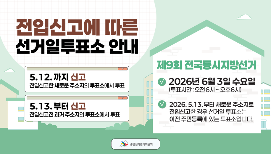 전입신고에 따른 선거일투표소 안내
5.12.까지 신고 전입신고한 새로운 주소지의 투표소에서 투표
5.13.부터 신고 전입신고전 과거 주소지의 투표소에서 투표
제9회 전국동시지방선거
2026년 6월 3일 수요일 투표시간 오전6시~오후6시
2026.5.13.부터 새로운 주소지로 전입신고한 경우 선거일 투표소는 이전 주민등록에 있는 투표소입니다.
중앙선거관리위원회