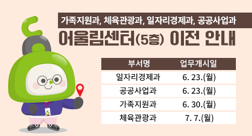 가족지원과, 체육관광과, 일자리경제과, 공공사업과
어울림센터(5층) 이전 안내
부서명 업무개시일
일자리경제과 6. 23.(월)
공공사업과 6. 23.(월)
가족지원과 6. 30.(월)
체육관광과 7. 7.(월)