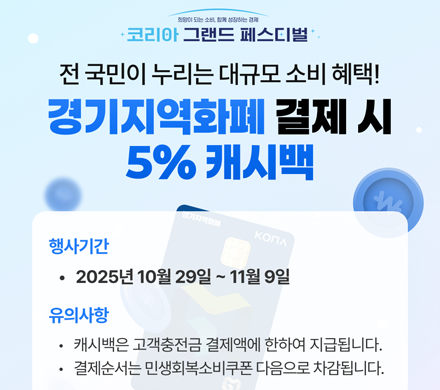 희망이 되는 소비, 함께 성장하는 경제
코리아 그랜드 페스티벌
전 국민이 누리는 대규모 소비 혜택!
경기지역화폐 결제 시 5% 캐시백
행사기간 2025년 10월 29일 ~ 11월 9일
유의사항
캐시백은 고객충전금 걸제액에 한하여 지급됩니다.
결제순서는 민생회복소비쿠폰 다음으로 차감됩니다.