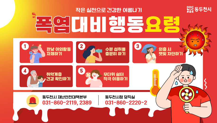 작은 실천으로 건강한 여름나기
폭염대비행동요령
1 한낮 야외활동 자제하기
2 수분 섭취를 충분히 하기
3 외출 시 햇빛 차단하기
4 취약계층 건강 확인하기
5 무더위 쉼터 적극 이용하기
동두천시 재난안전대책본부 031-860-2119, 2389
동두천시청 당직실 031-860-2220~2