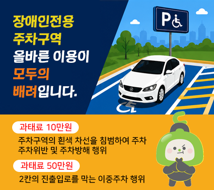 장애인전용 주차구역 올바른 이용이 모두의 배려입니다.
과태료 10만원
주차구역의 흰색 차선을 침범하여 주차
주차위반 및 주차방해 행위
과태료 50만원
2칸의 진출입로를 막는 이중주차 행위