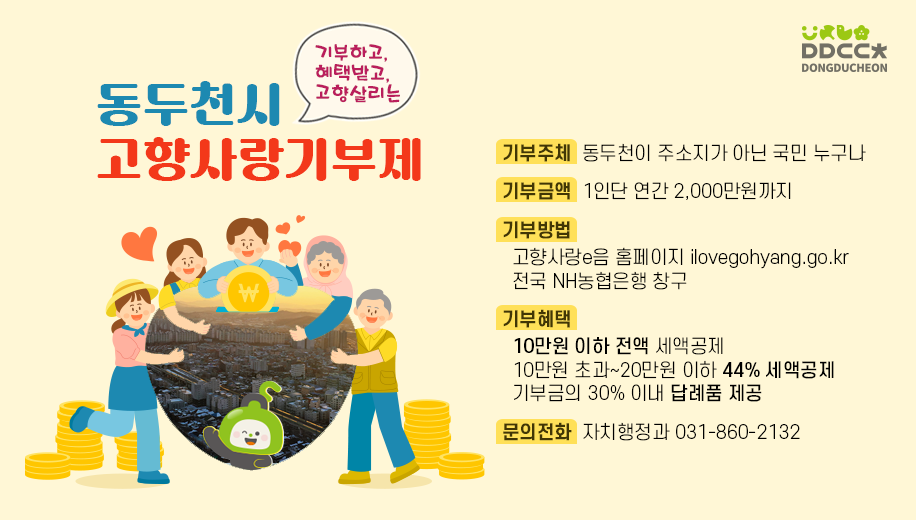 기부하고, 혜택받고, 고향살리는
동두천시 고향사랑기부제
기부주체  동두천이 주소지가 아닌 국민 누구나
기부금액  1인단 연간 2,000만원까지
기부방법
고향사랑e음 홈페이지 ilovegohyang.go.kr
전국 NH농협은행 창구
기부혜택
10만원 이하 전액 세액공제
10만원 초과~20만원 이하 44% 세액공제
기부금의 30% 이내 답례품 제공
문의전화  자치행정과 031-860-2132