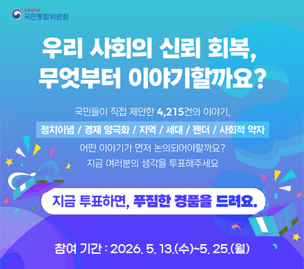 우리 사회의 신뢰 회복, 무엇부터 이야기할까요?
국민들이 직접 제안한 4215건의 이야기
정치이념 / 경제 양극화 / 지역 / 세대 / 젠더 / 사회적 약자
어떤 이야기가 먼저 논의 되어야할까요?
지금 어려분의 생각을 투표해주세요
지금 투표하면, 푸짐한 경품을 드려요
참여기간 : 2026.5.13.(수)~5.25.(월)