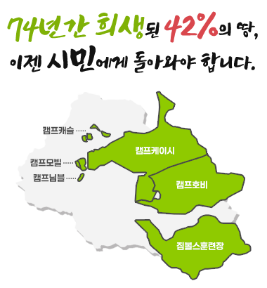 74년간 희생된 42%의 땅, 이젠 시민에게 돌아와야 합니다.
캠프캐슬 캠프모빌 캠프님블 캠프케이시 캠프호비 짐볼스훈련장